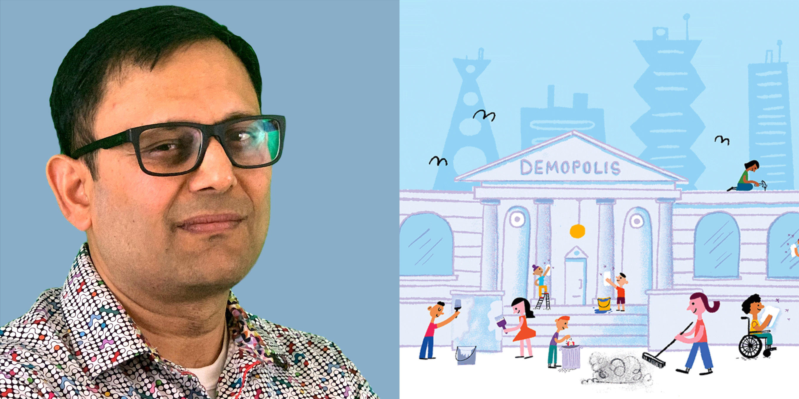 portrait photo of Ashish Goel next to illustration of a fictional town hall building labeled "demopolis"